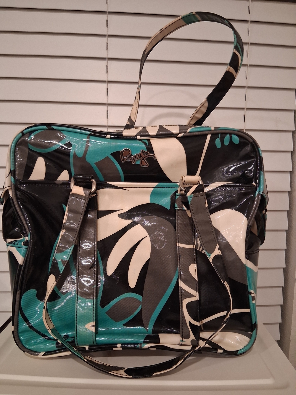 Roxy Teal Black Cream Floral Patent Travel Bag